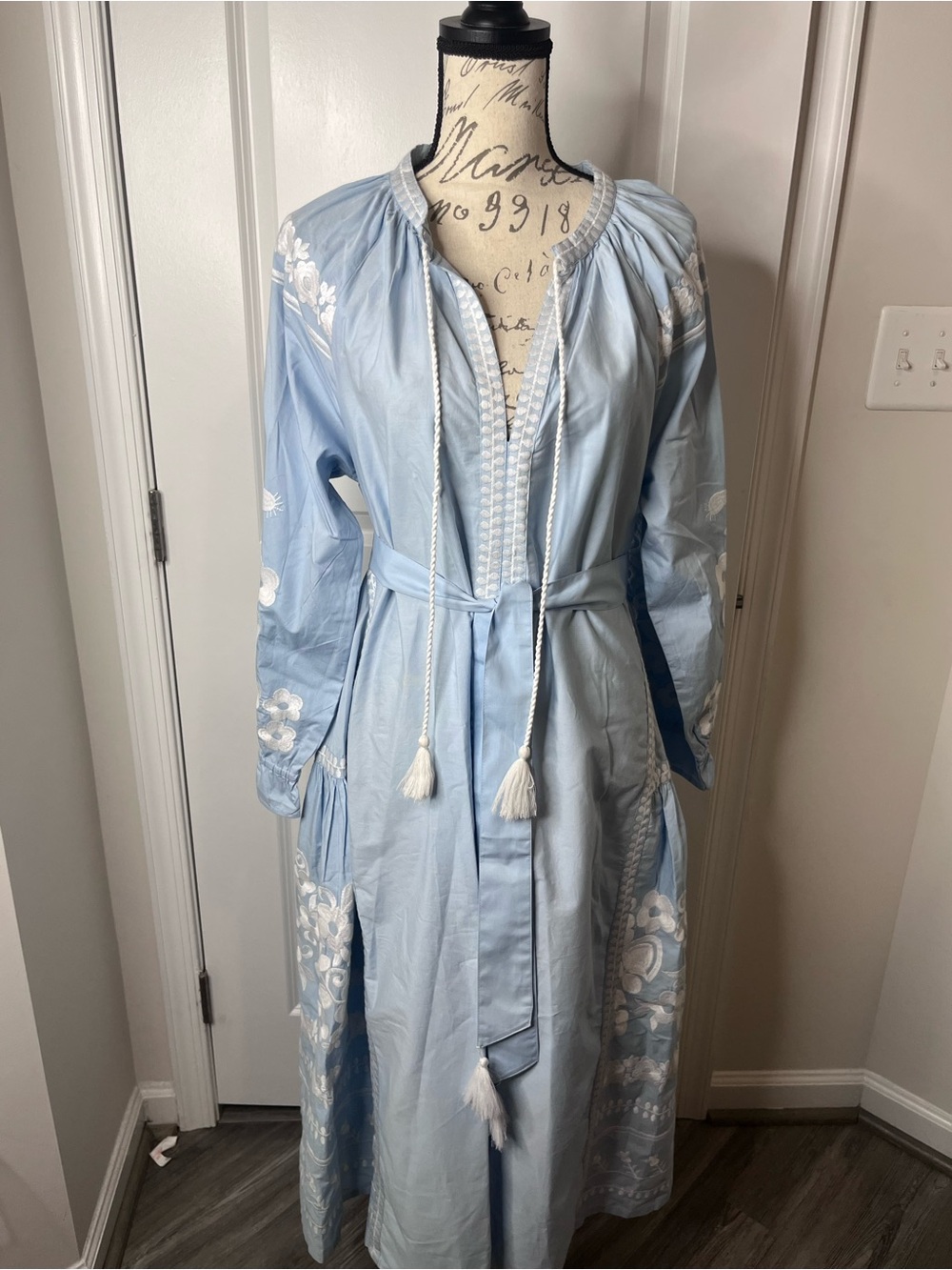 Light Blue Embroidered Tassel Tie Midi Dress